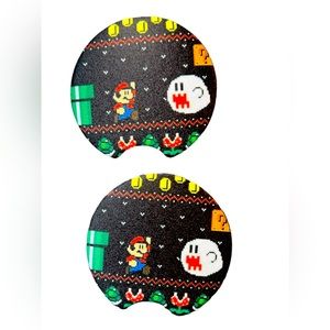 Mario Black Car Cup Holder Coasters Set Of 2 New Old School